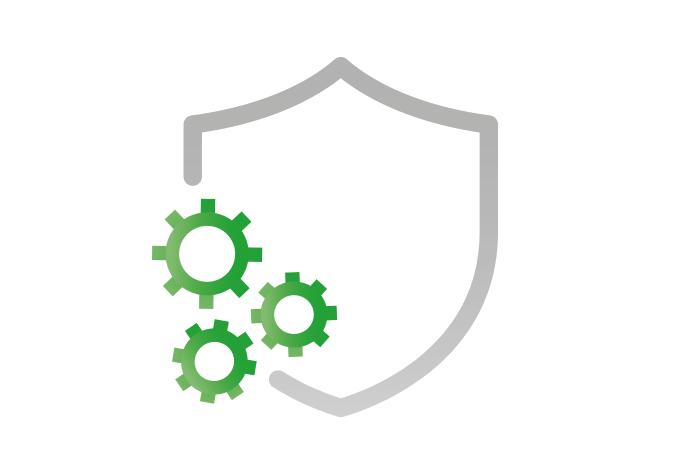 Icon of a shield with green gears, representing security and protection.