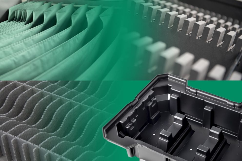 A collage of four types of custom dunnage inserts