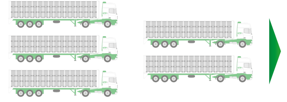 Illustration of four trucks with multiple trailer sections, showing the process of loading or unloading the trailers in a streamlined manner.