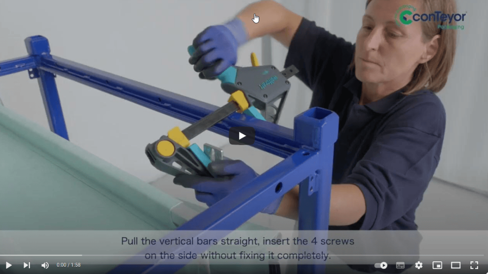 A person using a clamp to adjust vertical bars on a blue frame, with instructional text below the image.