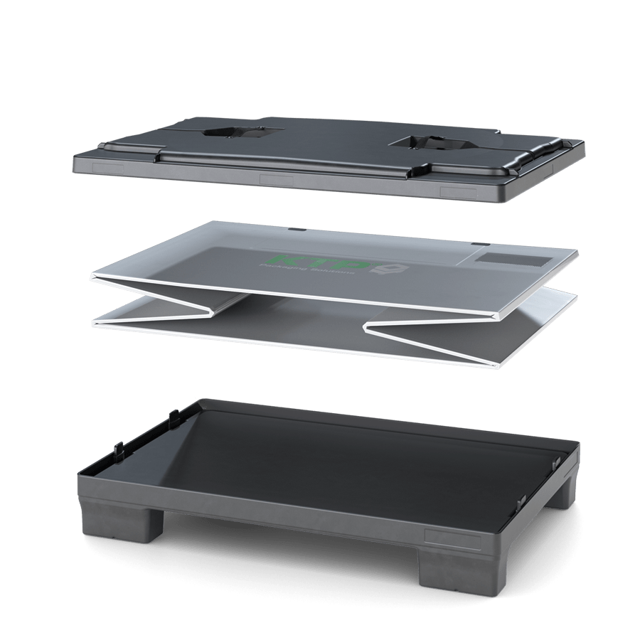 Exploded view of a black modular laptop stand showing its three components: top plate, adjustable middle section, and base.