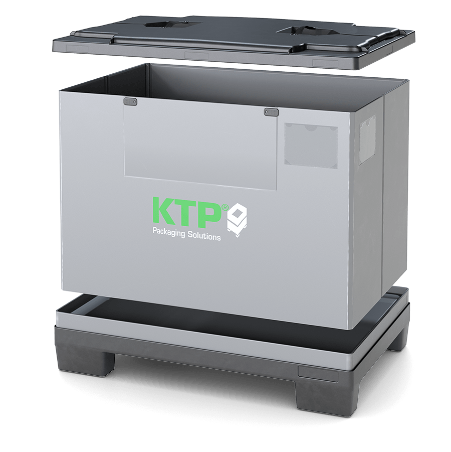 A large, gray packaging container with a black lid, featuring the logo "KTP Packaging Solutions" on the front. The container is shown open, resting on a flat base.