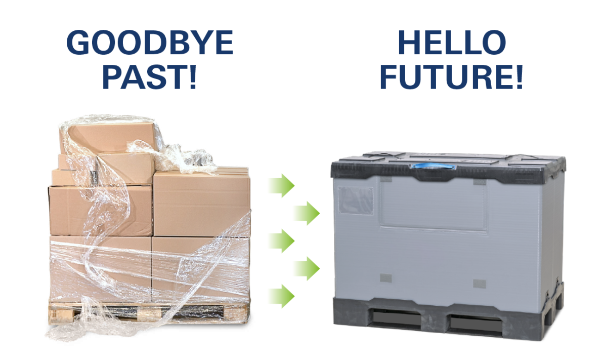 Graphic comparing traditional brown cardboard boxes wrapped in plastic, labeled "GOODBYE PAST," with a modern gray storage container, labeled "HELLO FUTURE," featuring green arrows indicating transition.