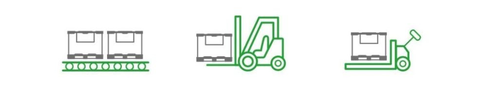 Icons depicting a pallet on a conveyor, a forklift lifting a pallet, and a pallet jack.