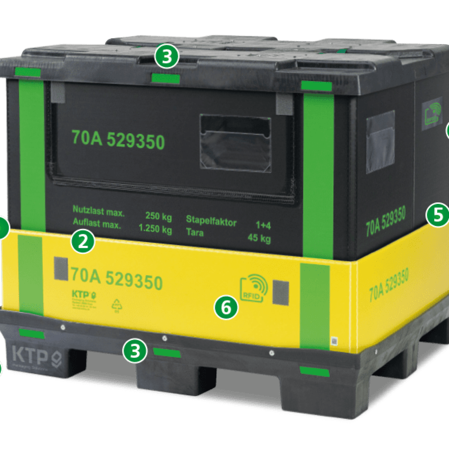 A large plastic container on a pallet with labels indicating maximum load and RFID capability, featuring a black top with green and yellow accents.