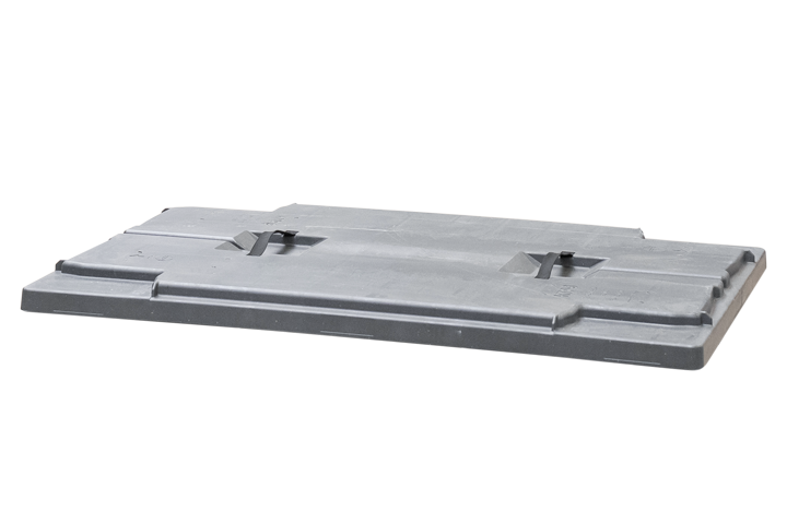 Gray plastic flat pallet with four corner slots.