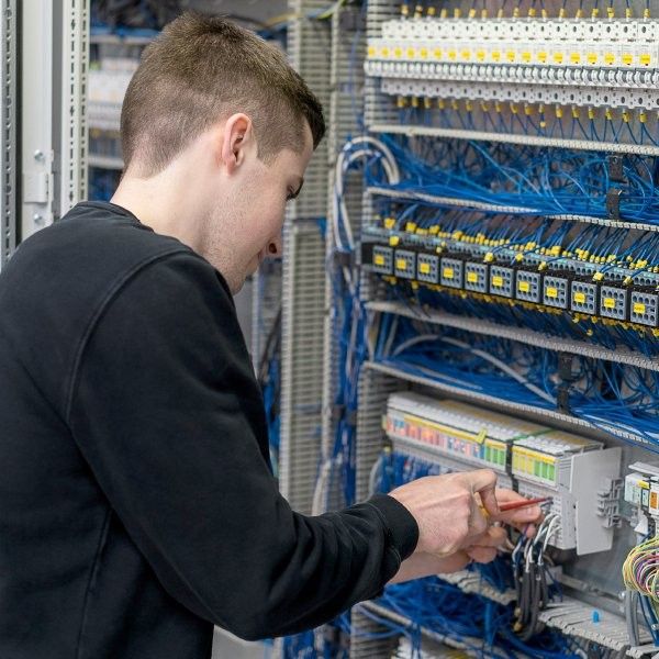 A person working on a control panel with numerous electrical wires and components, using tools to make adjustments.