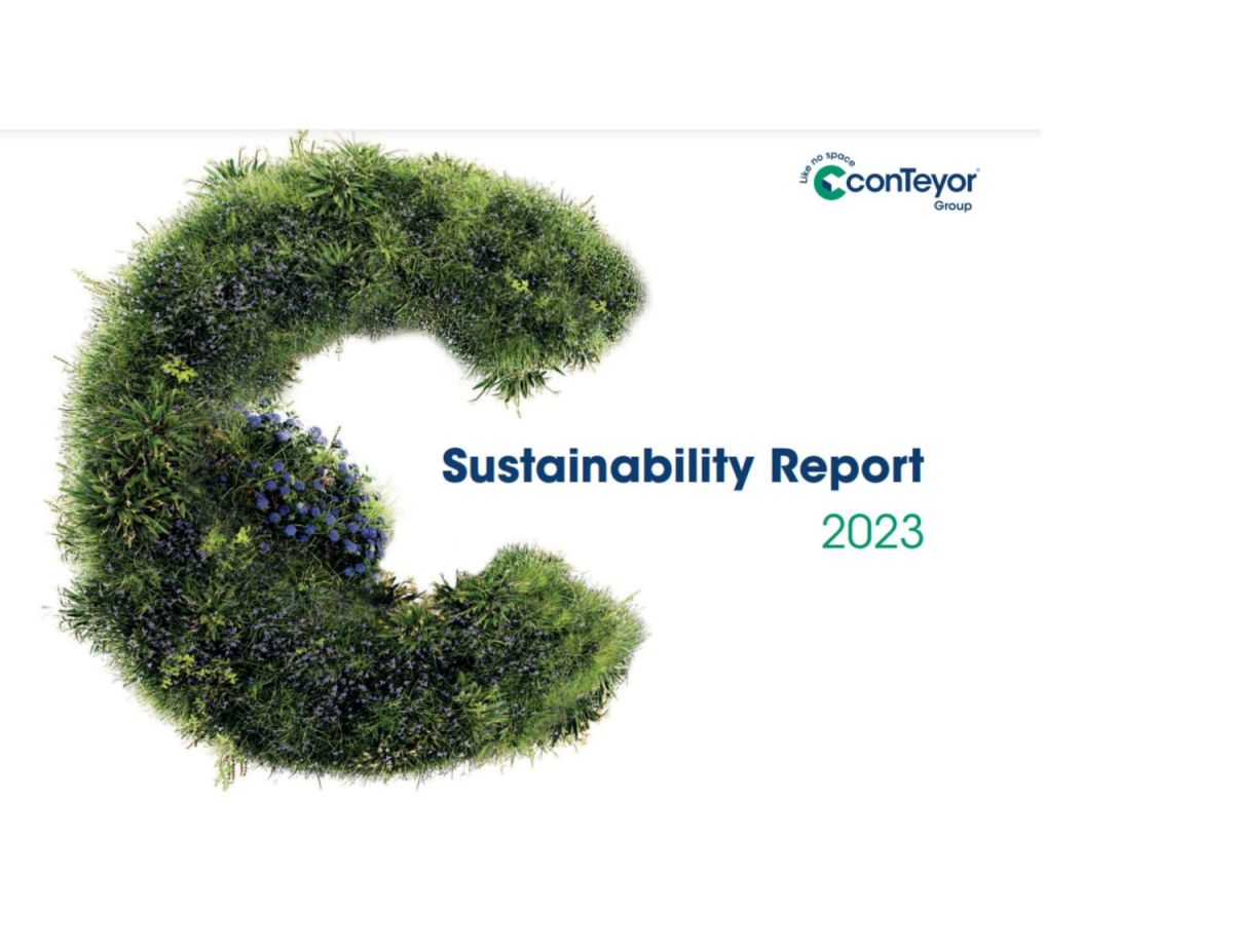Green letter "C" composed of grass and flowers, with the text "Sustainability Report 2023" and "conTeyor Group" logo above.