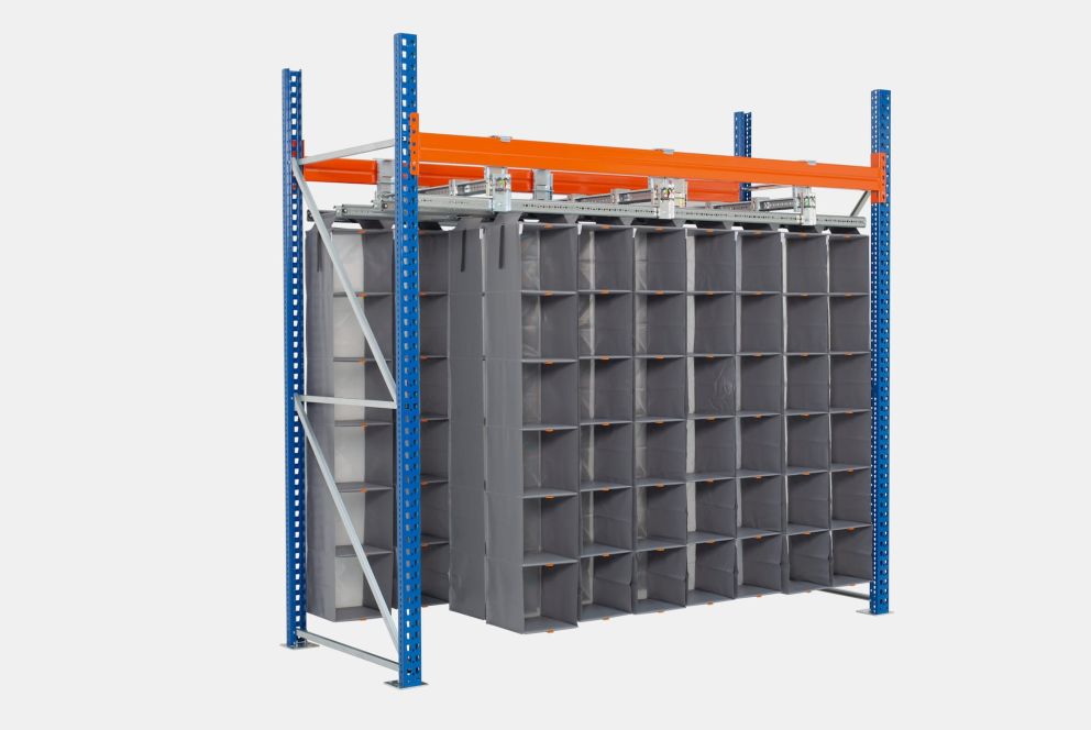 A Storeganizer rack with orange and blue beam and gray pockets