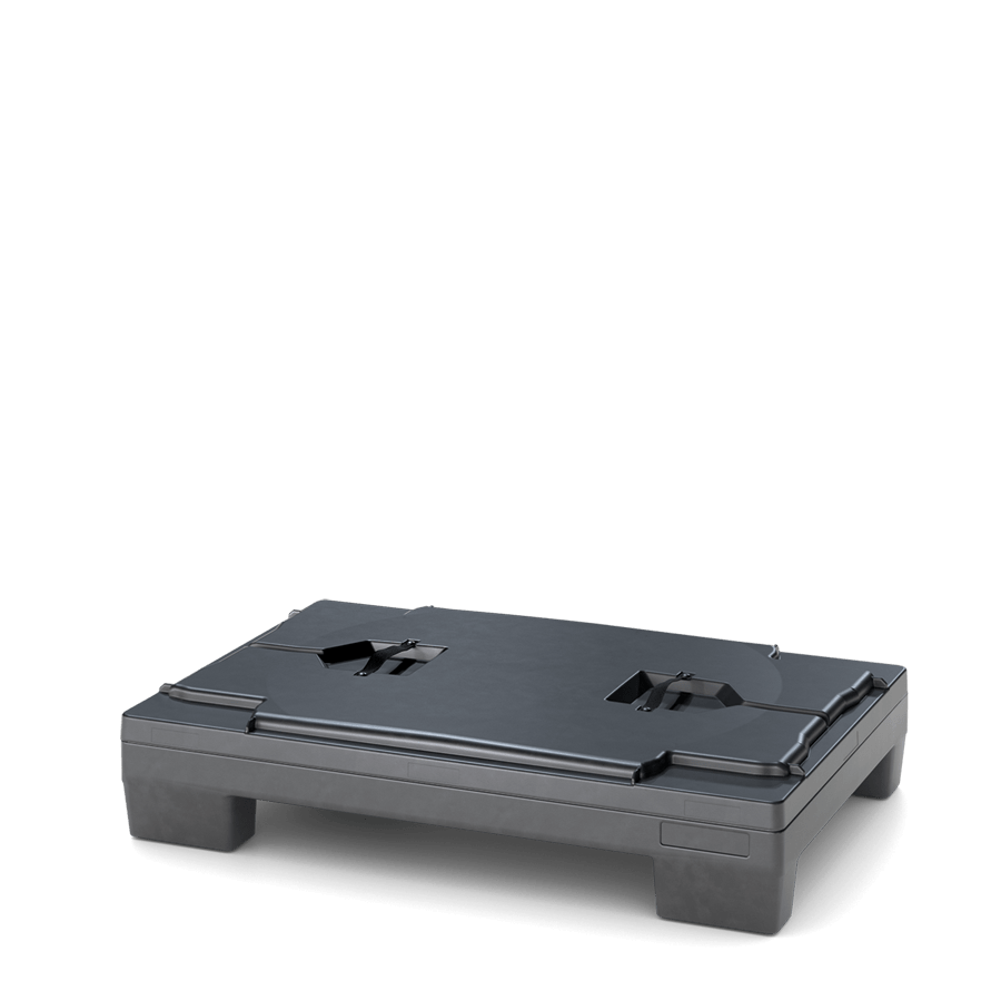 Black plastic shipping pallet with a flat surface and cut-out handholds on the sides.