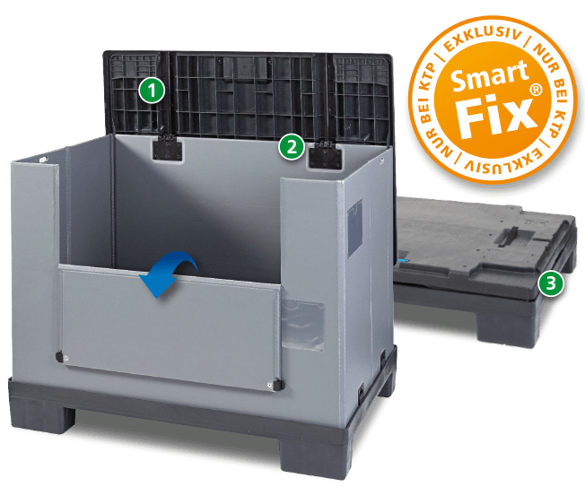 A gray stackable storage container with a black lid shown open, featuring labeled parts indicating a locking mechanism and a detachable base, alongside a "Smart Fix" logo.