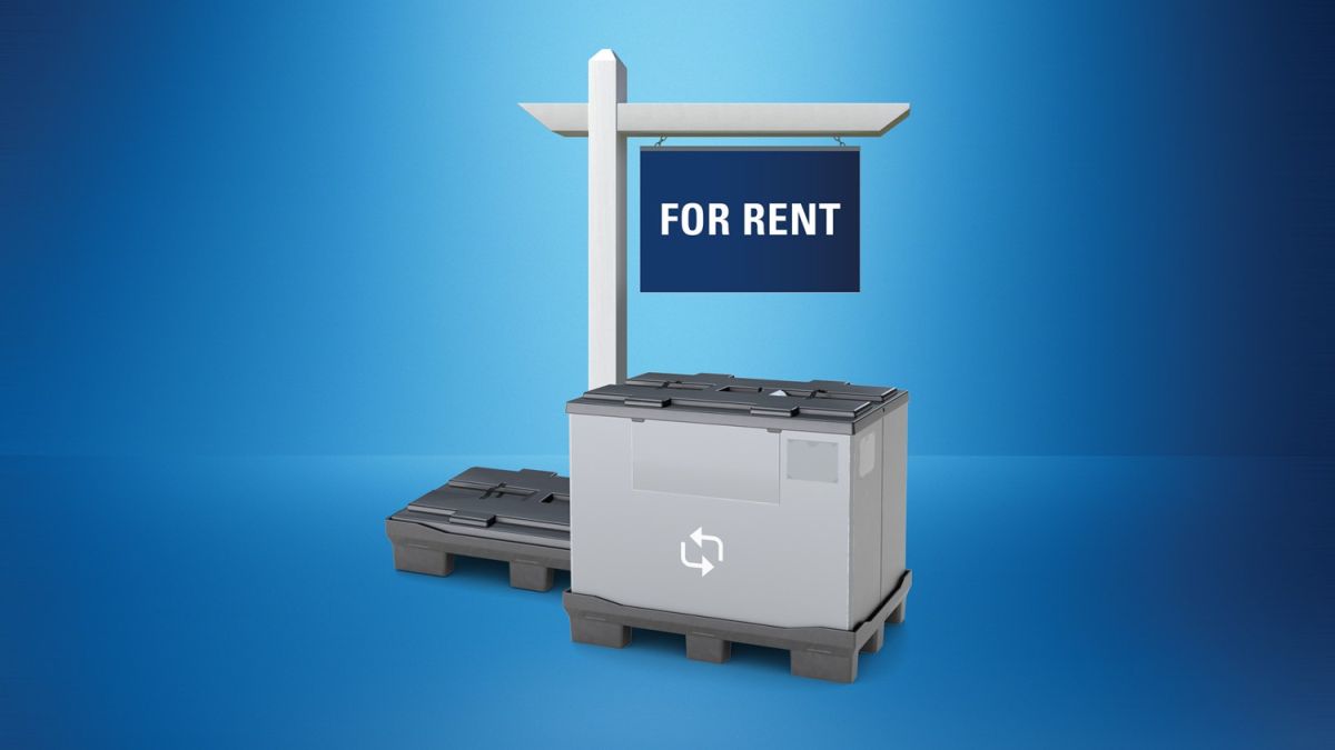 A storage container on a pallet with a sign that reads "FOR RENT," set against a blue background.