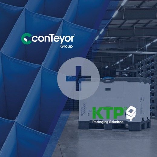 Logo of conTeyor Group and KTP Packaging Solutions over a warehouse background with packaging containers.