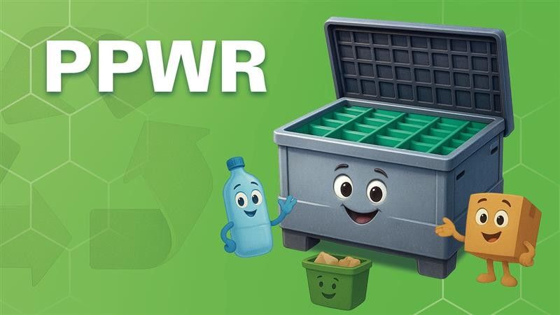 Cartoon characters representing recyclable materials and a recycling bin, with the text "PPWR" on a green background.