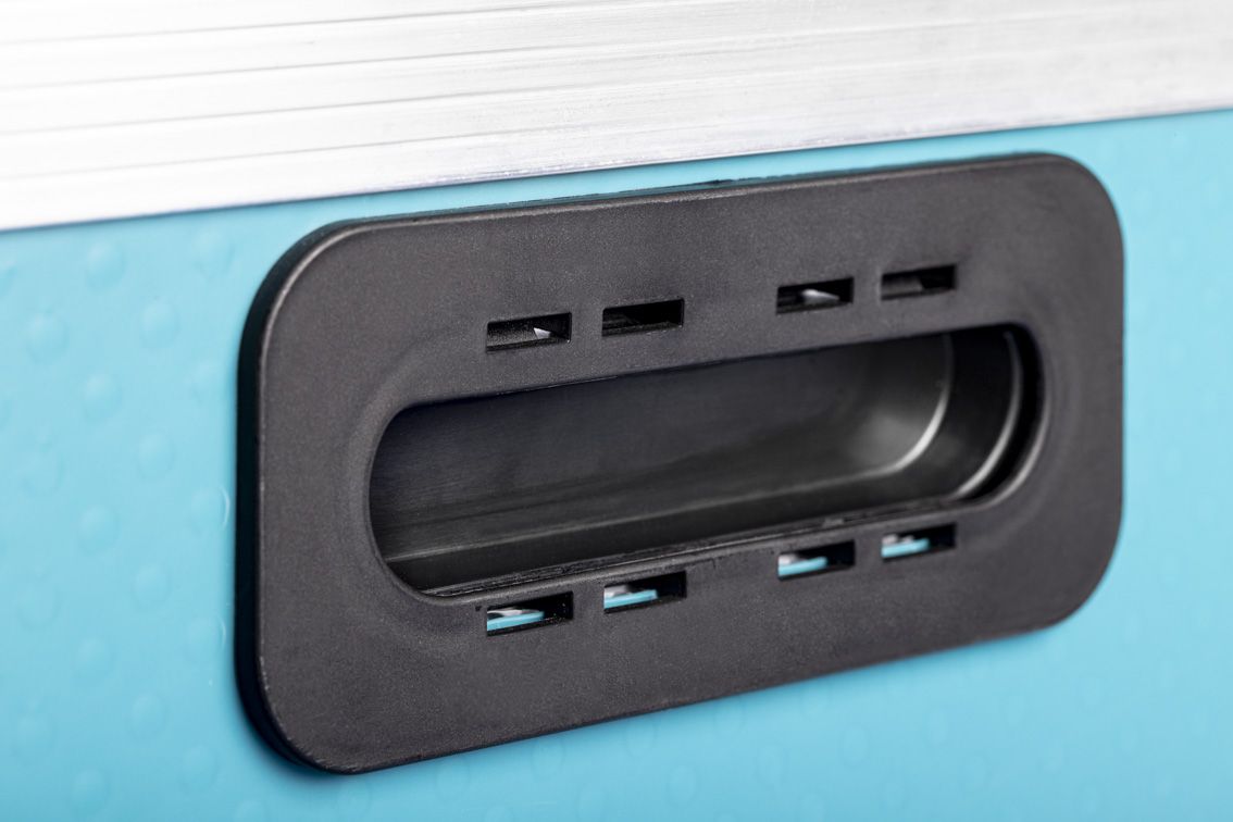 A detail shot of a blue conTeyor Ecobox with black details