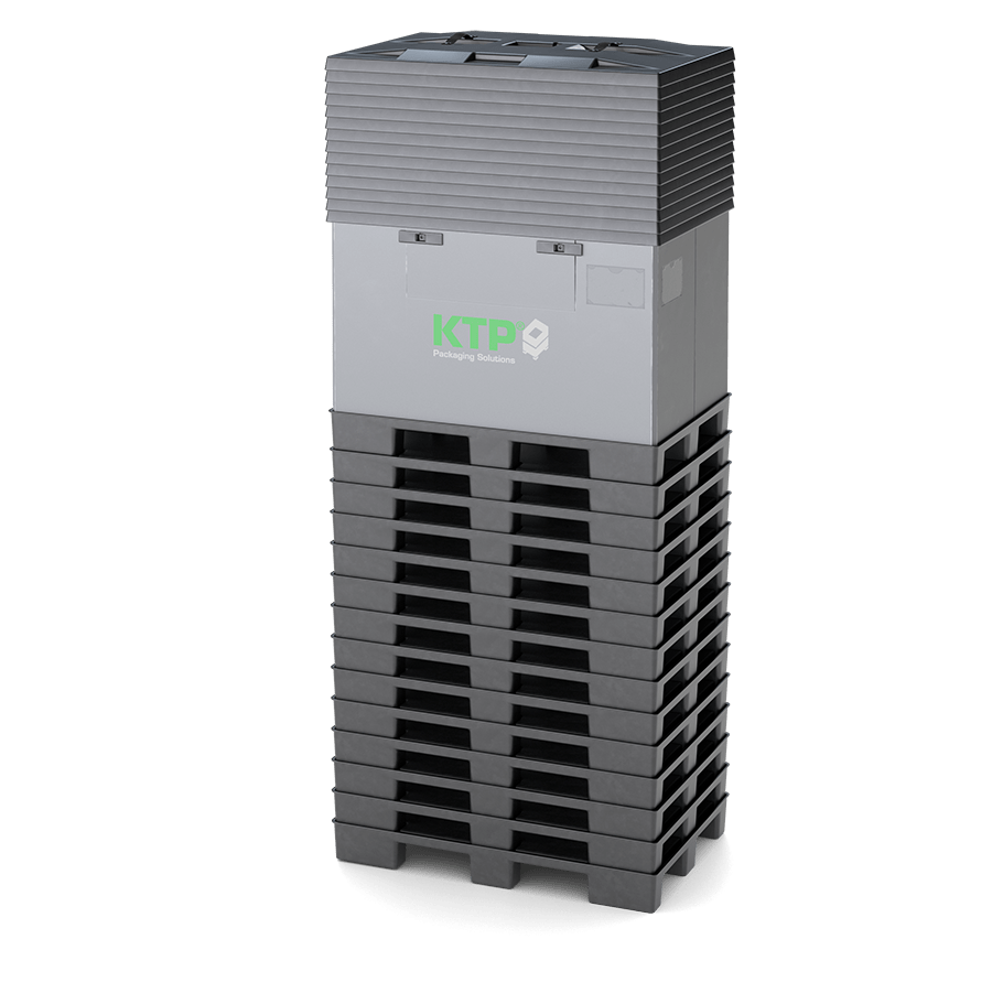 A packaging solution tower featuring a gray and black design with the logo "KTP Packaging Solutions" prominently displayed on the side.