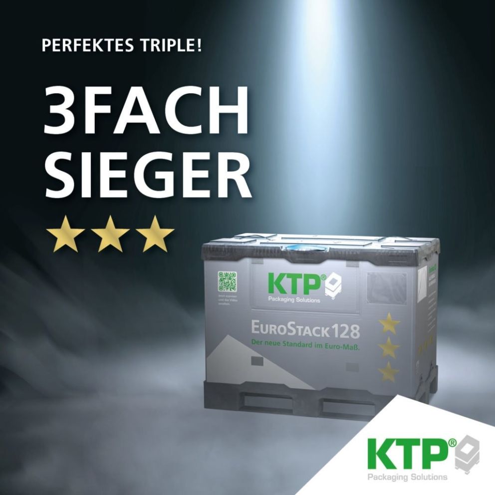 A promotional image featuring a packaging solution box titled "EuroStack128" by KTP, highlighted with a spotlight and text stating "PERFETKES TRIPLE! 3FACH SIEGER" along with three stars.