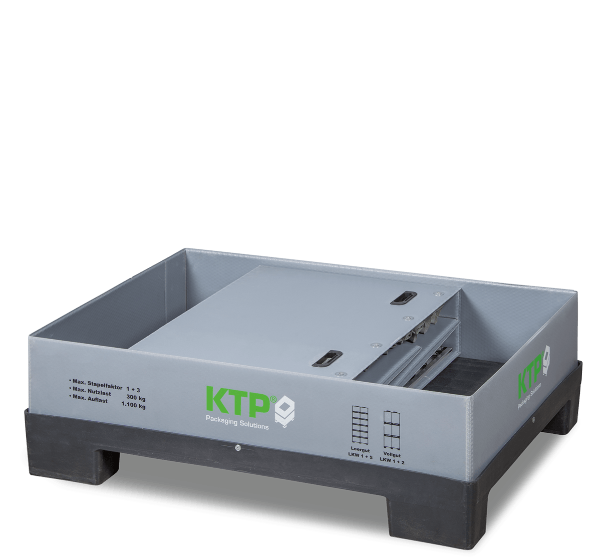 A gray packaging pallet with handles and specifications printed on the side, used for transporting goods.