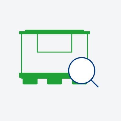 Illustration of a green container with a magnifying glass icon beside it on a light background.