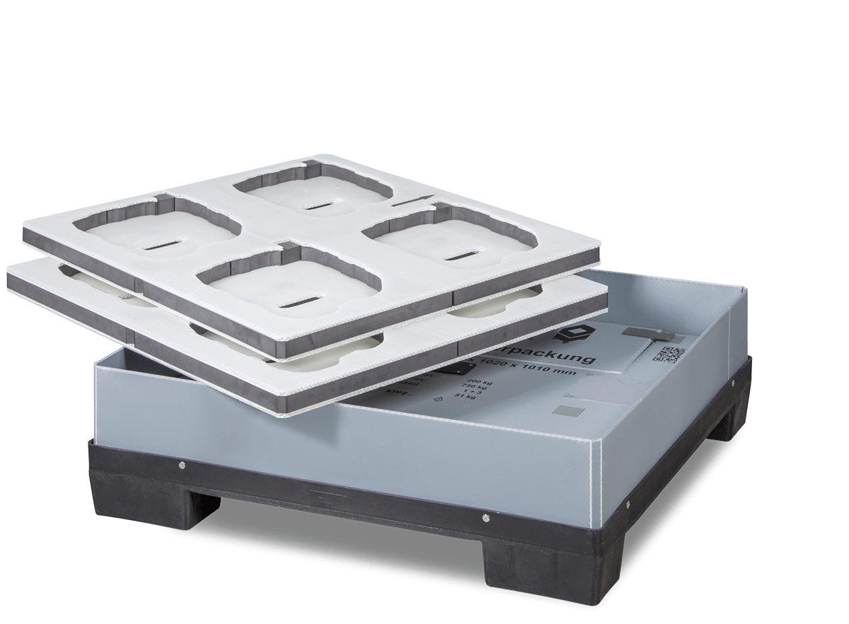 Stacked plastic pallet with two trays on top, featuring compartments for storage, against a transparent background.
