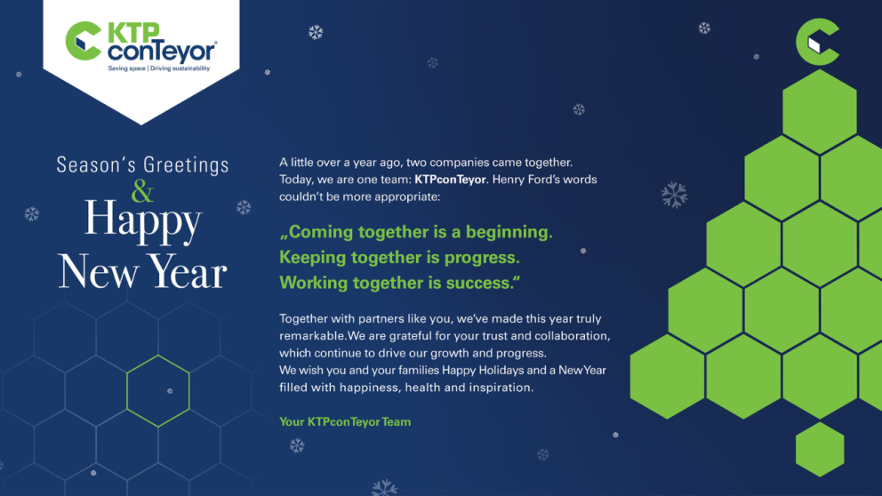 A digital greeting card from KTP conTeyor wishing recipients a Happy New Year, highlighting the importance of collaboration and expressing gratitude to partners, accompanied by snowflake graphics and a geometric design.
