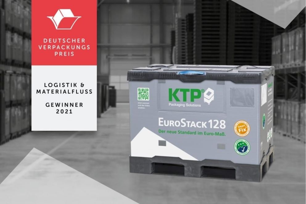 Gray packaging container labeled "EuroStack128" with logos and awards displayed, set in a warehouse environment with shelves in the background.