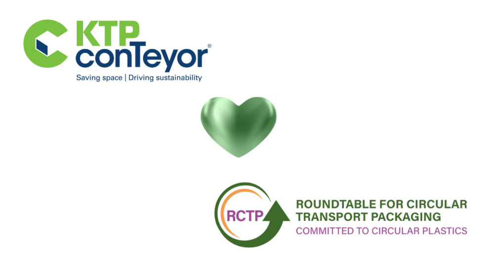 Logo of KTP conTeyor with tagline "Saving space | Driving sustainability," followed by a green heart and the logo of the Roundtable for Circular Transport Packaging, stating "Committed to circular plastics."