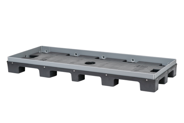 Gray plastic spill pallet with a flat surface and built-in drainage holes for collecting liquids.
