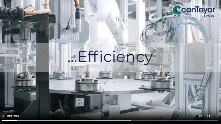 A manufacturing environment featuring robotic arms and machinery, with the word "...Efficiency" prominently displayed, and the logo of conTeyor Group in the corner.