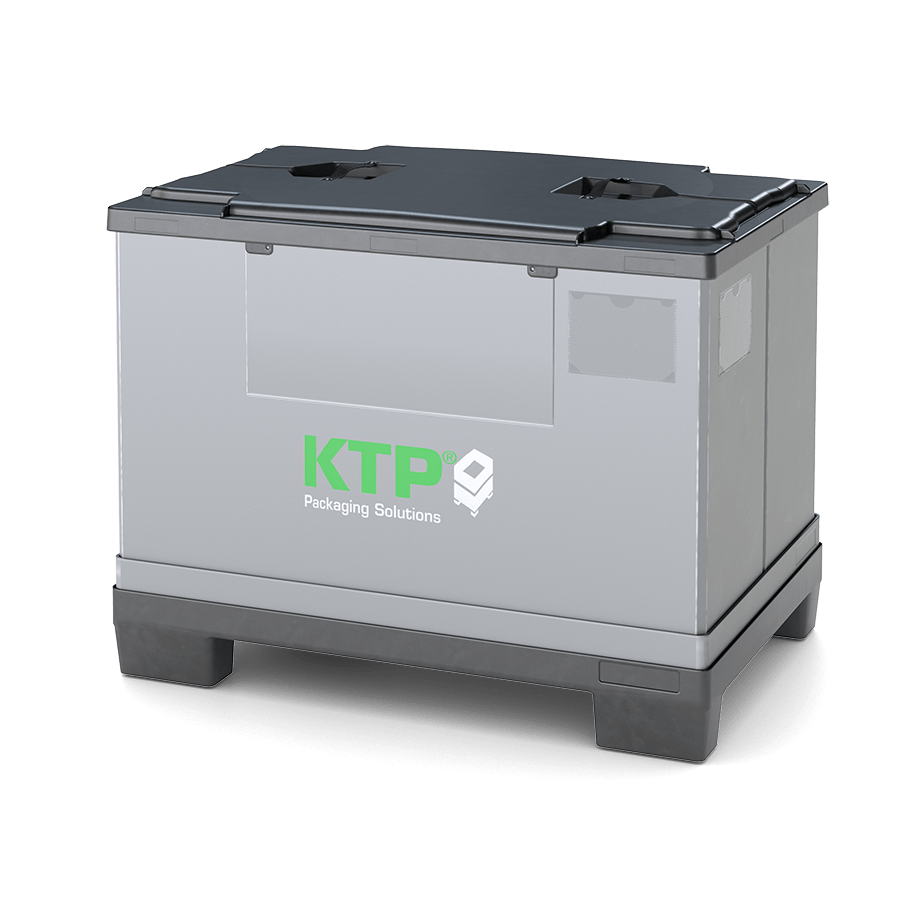 A gray packaging container with a black lid, featuring the logo "KTP Packaging Solutions" in green on the front.