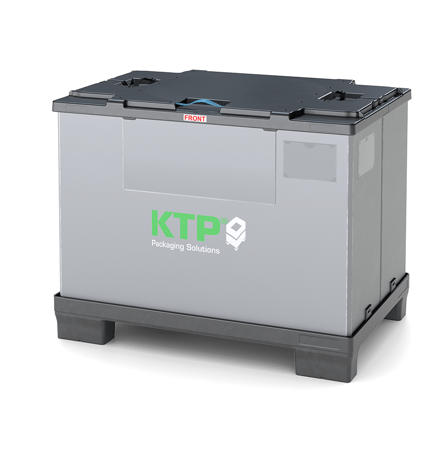 A gray packaging container with a black lid, labeled "KTP Packaging Solutions," sitting on a black base.