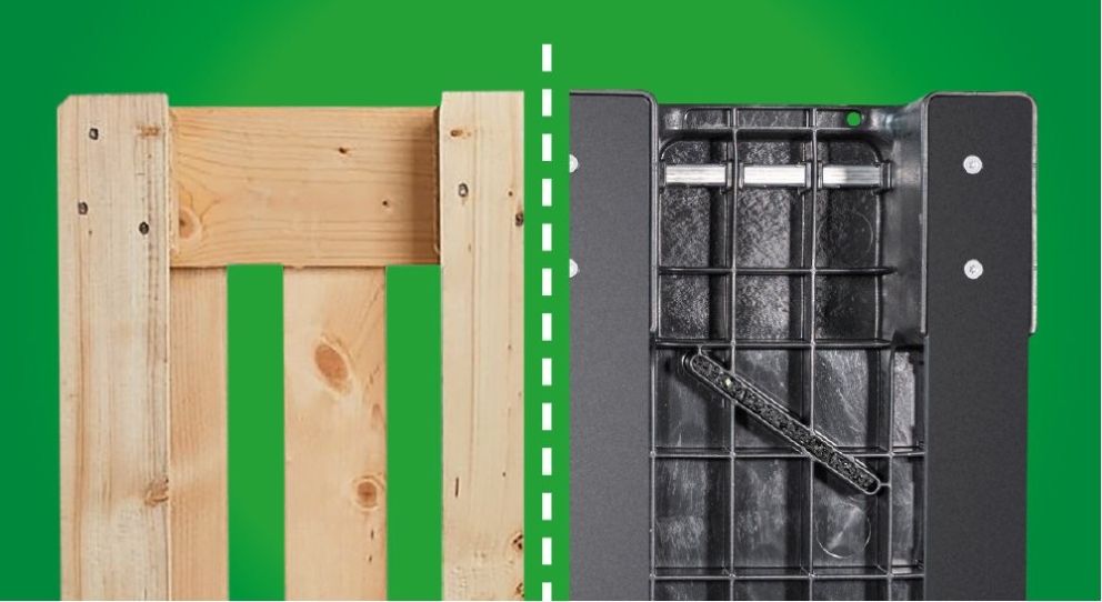 A comparison of a wooden pallet on the left and a plastic pallet on the right, set against a green background.