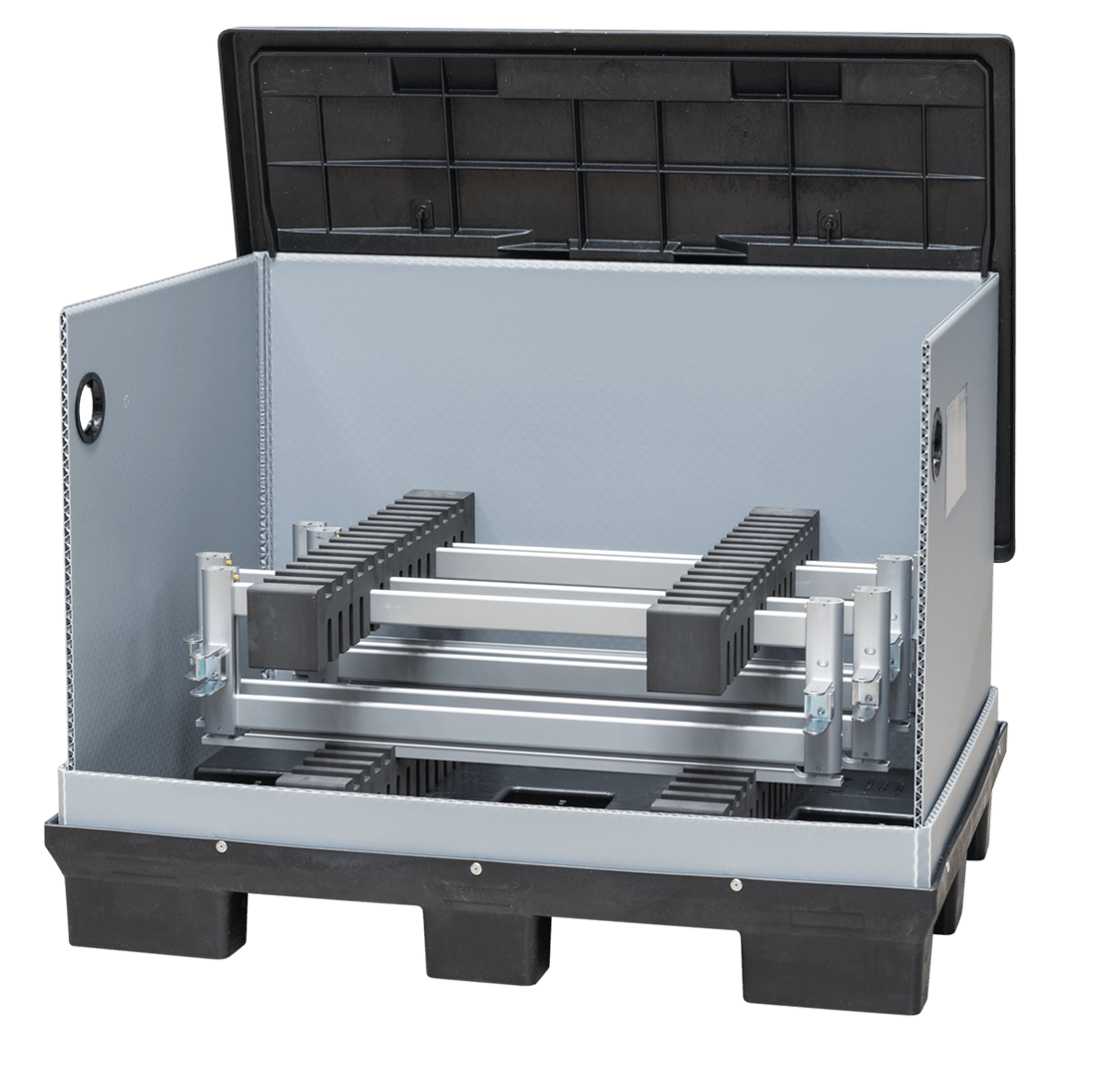 Open cargo box with a structured interior and black rubber base, designed for storage or transport.