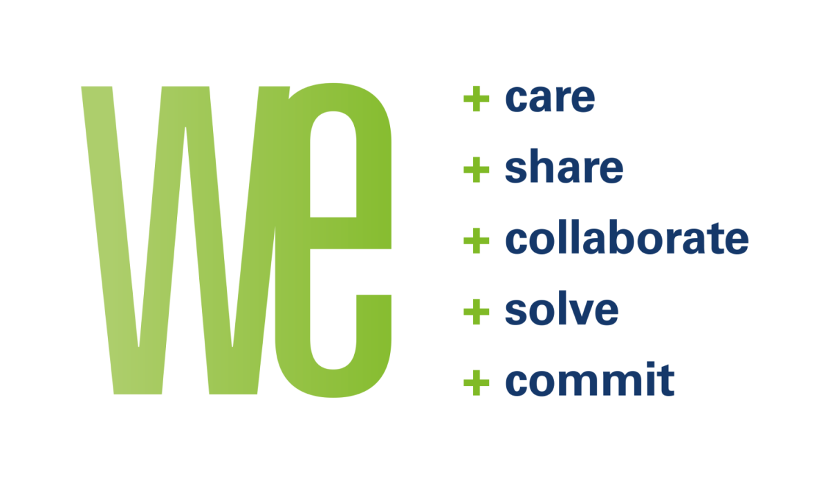 Logo design featuring the word "we" in green, accompanied by the words "care," "share," "collaborate," "solve," and "commit" in blue, presented as a list.
