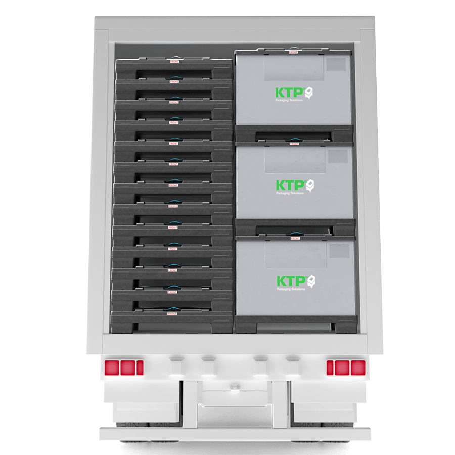 Interior view of a delivery truck filled with stacked gray containers labeled "KTP Packaging Solutions."