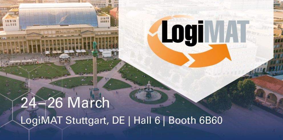 Aerial view of a public square with a fountain, surrounded by buildings, promoting the LogiMAT event taking place in Stuttgart, Germany, from March 24-26, with details about the location and booth number.