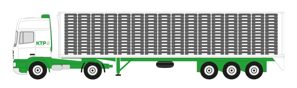 A graphic illustration of a green and white delivery truck with a large trailer stacked with crates, featuring the logo "KTP" on the cab.