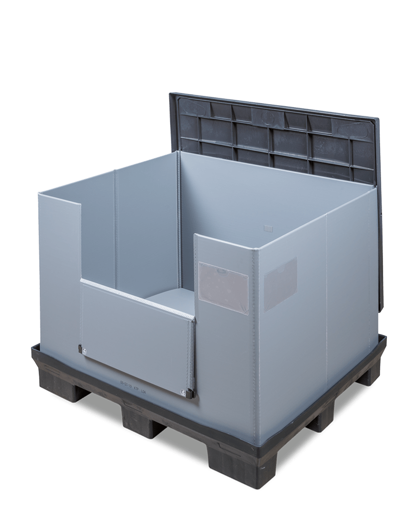 A gray plastic bulk container with an open top and a removable lid, displayed on a black background.