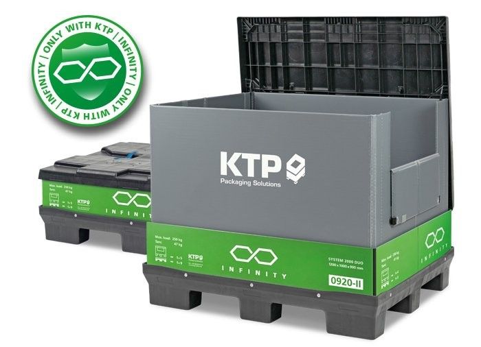 Two stackable, gray plastic containers on black pallets with green accents, labeled "KTP Packaging Solutions" and "INFINITY," displaying one container upright and one partially closed.