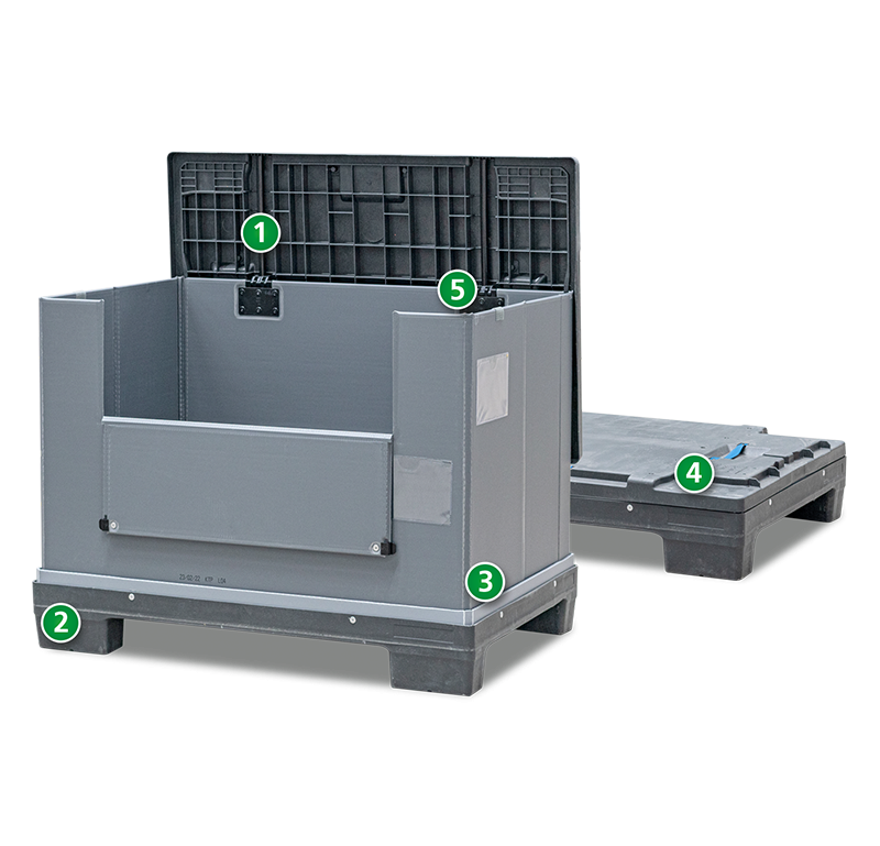 A gray plastic bulk container with an open lid, showcasing its interior and removable lid, labeled with numbered markers indicating specific features.