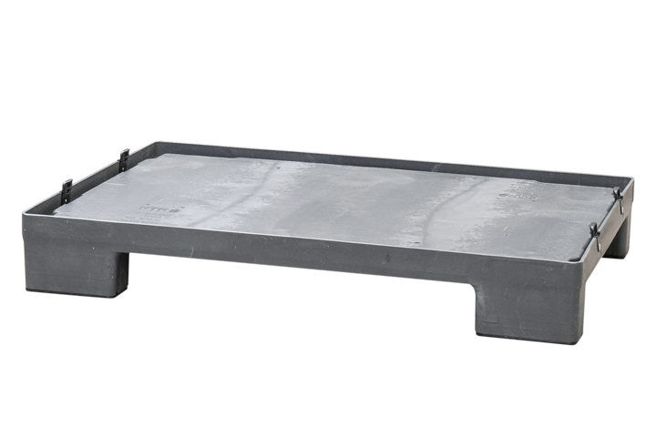 Black plastic pallet with a flat top and raised edges.