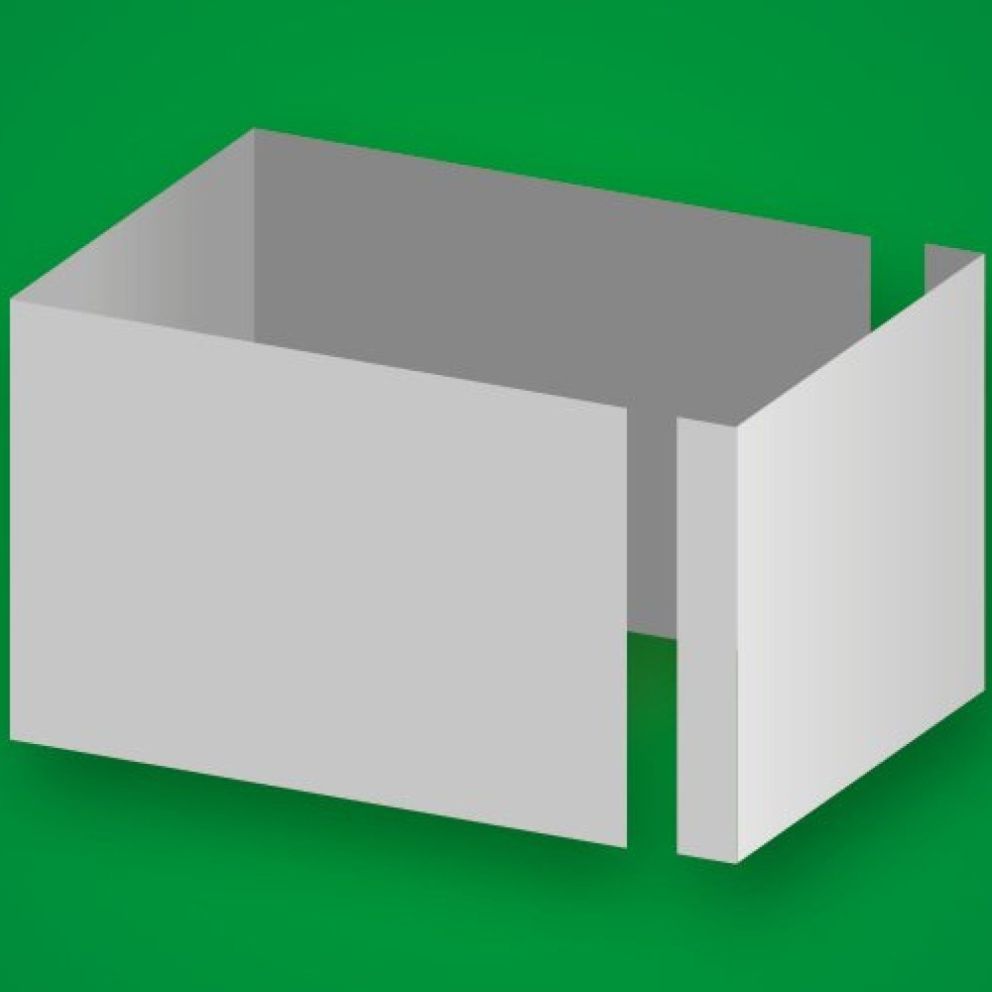 A three-dimensional gray rectangular box with an open top and one side partially folded down, set against a green background.