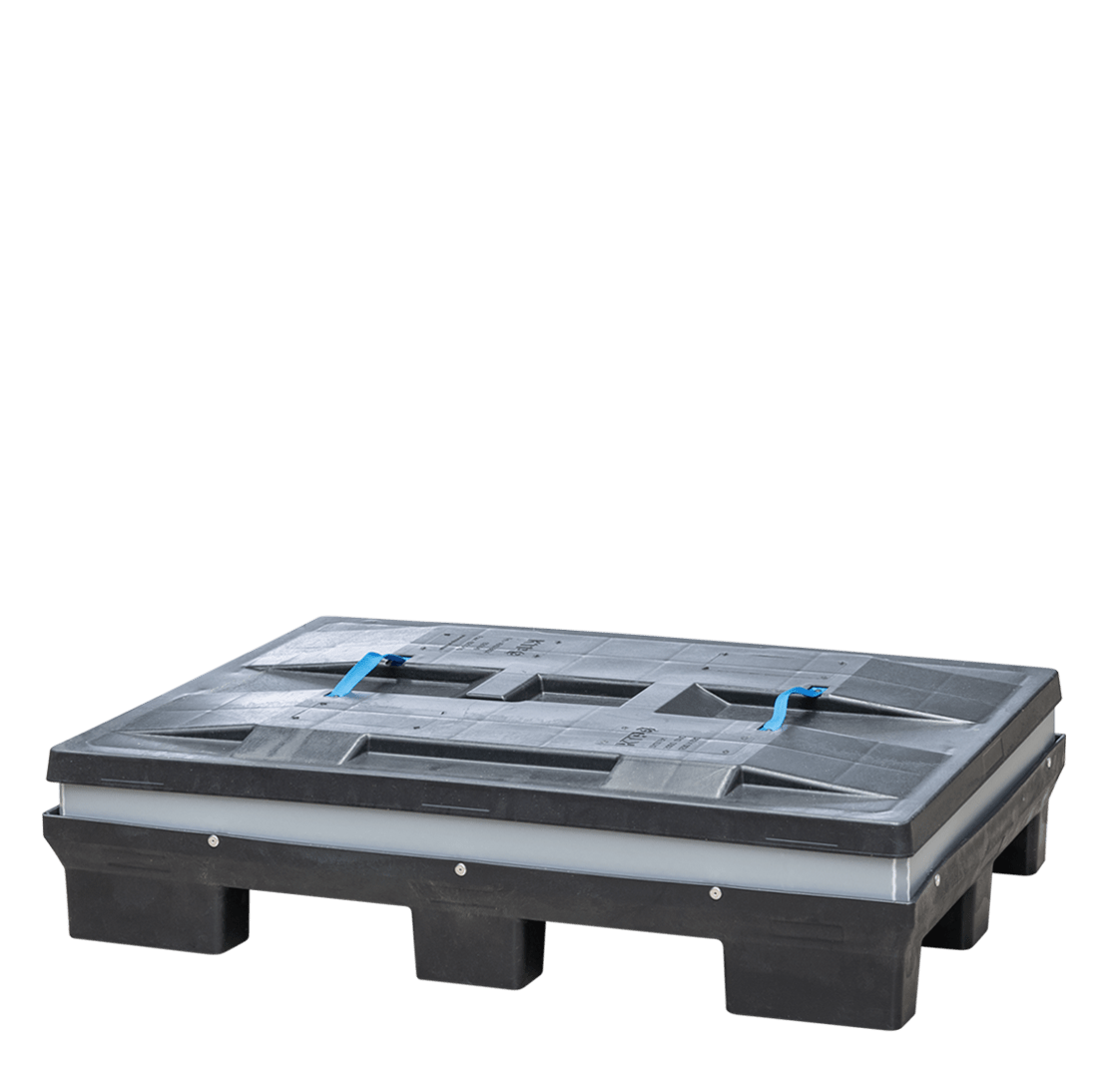 A gray plastic pallet with a blue handle, viewed from the side.