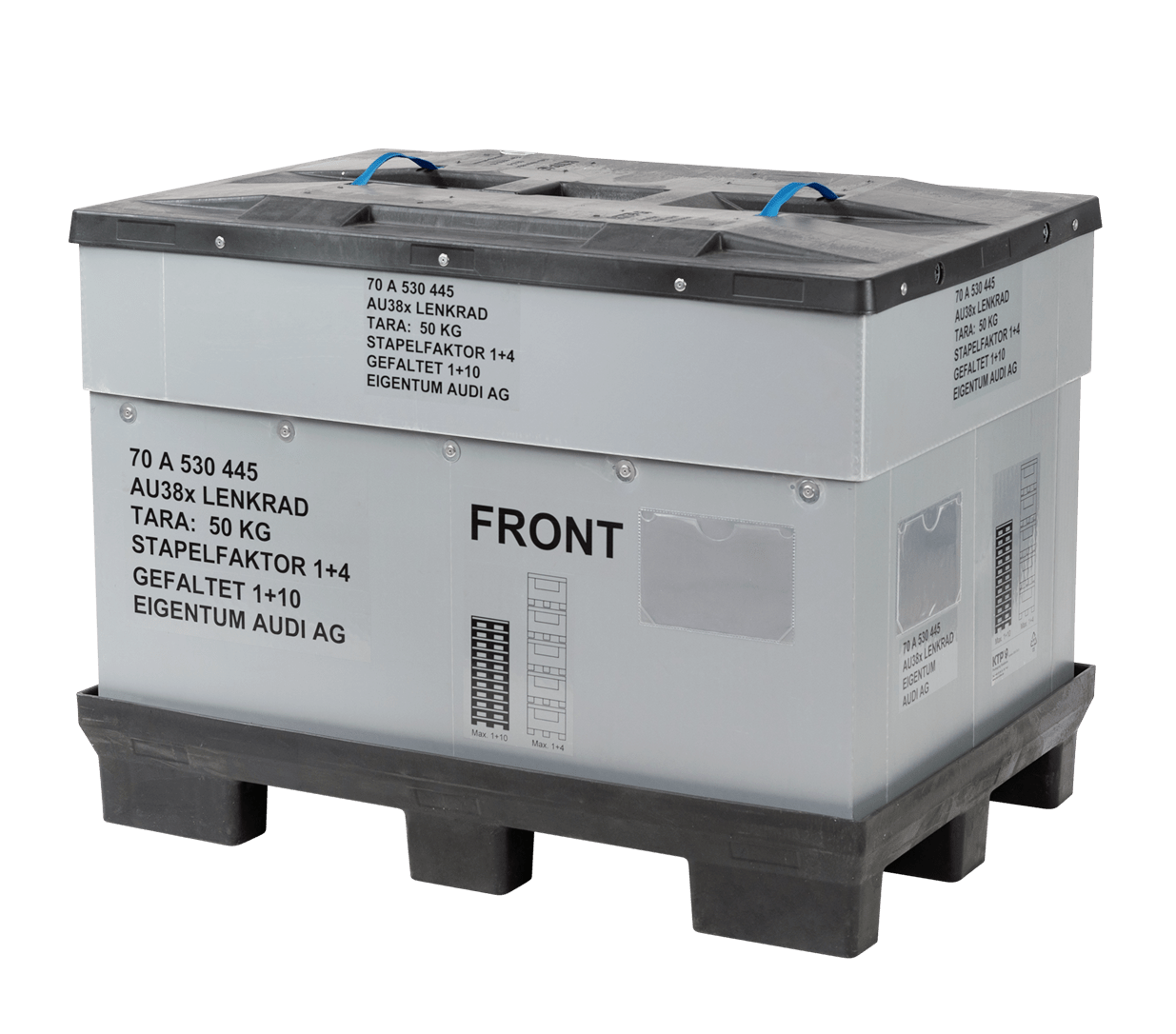 A large, gray and black industrial shipping box with labels and a plastic base, designed for storage or transportation, featuring handles on the top.