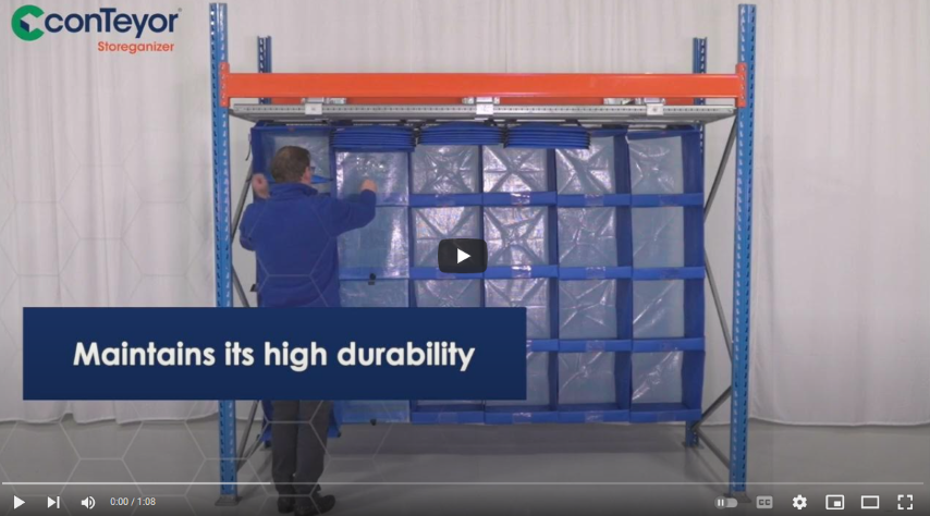 A person adjusting a blue storage organizer on a metal shelf with a text overlay that says "Maintains its high durability."
