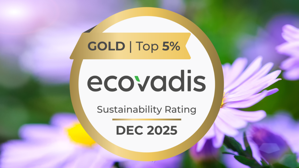 Gold Ecovadis Sustainability Rating badge indicating top 5%, with a background of blurred flowers, dated December 2025.