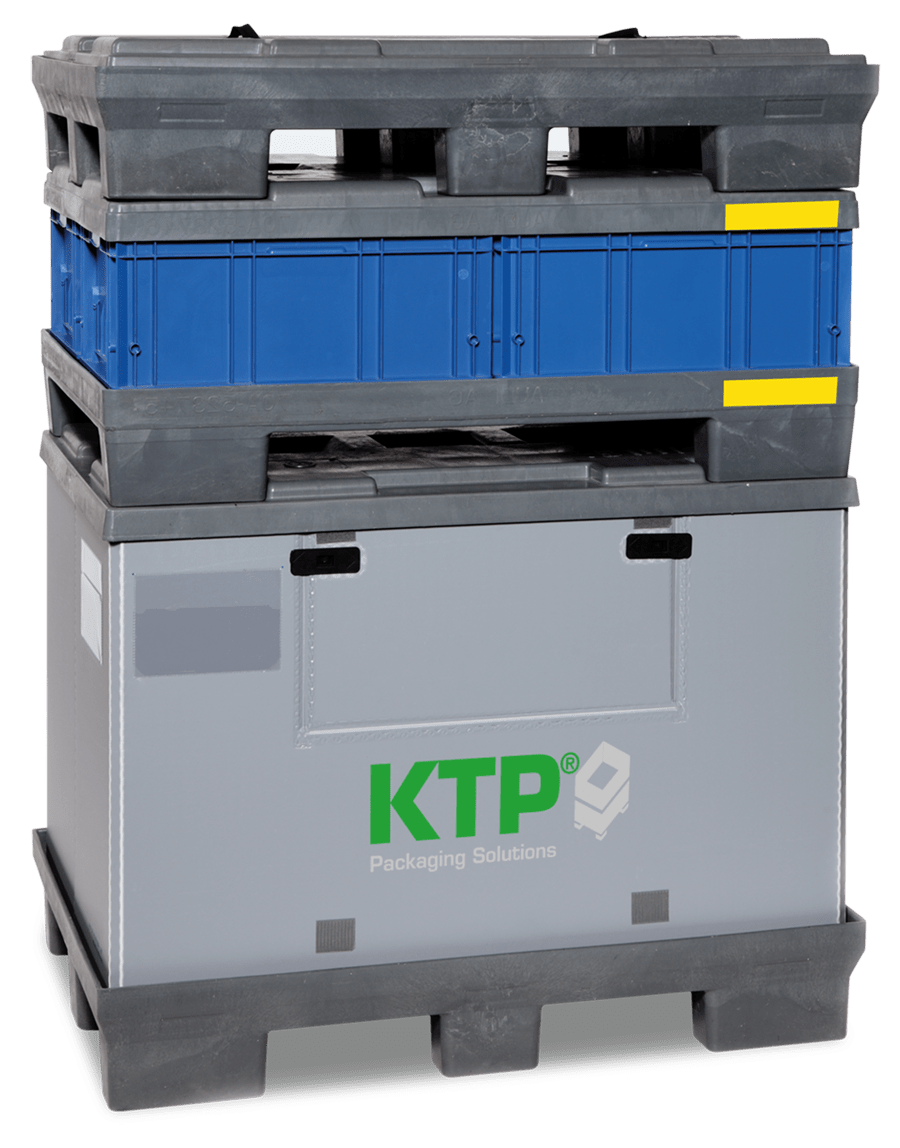 Stacked shipping containers in various colors, including gray, blue, and yellow, featuring a logo for "KTP Packaging Solutions."