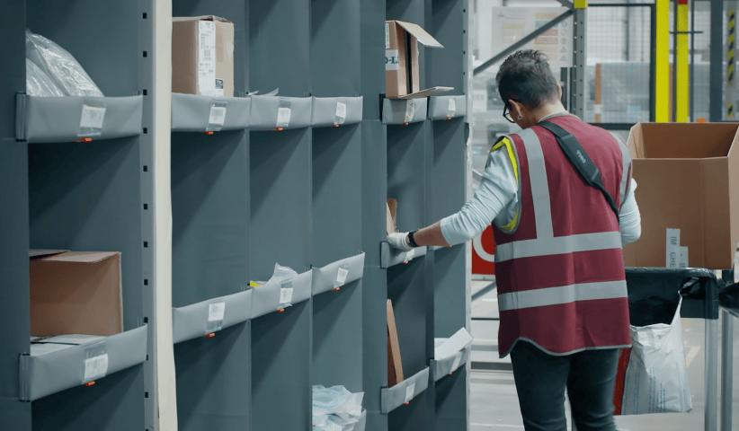 A worker in a red vest organizes packages on shelves in a warehouse, with boxes and containers visible in the background.