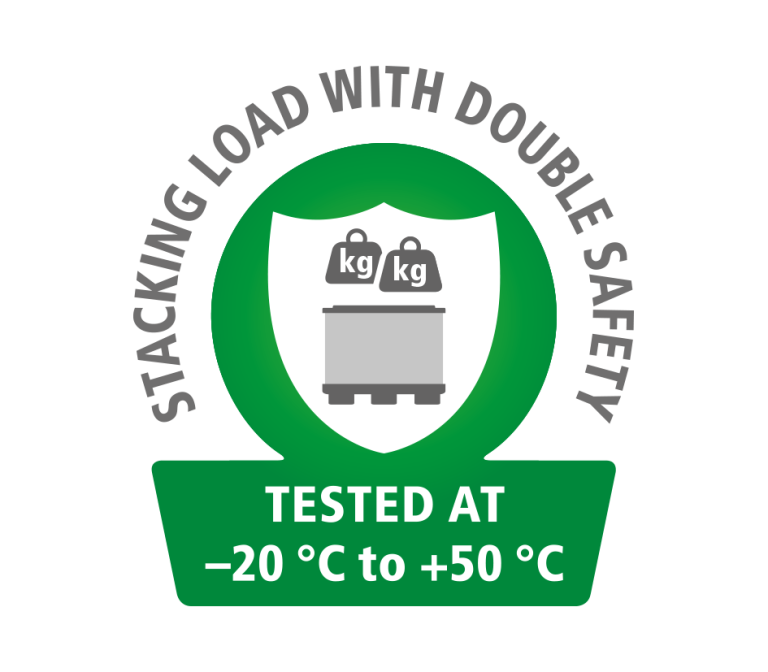 Label depicting a shield with weights and the text "STACKING LOAD WITH DOUBLE SAFETY" and "TESTED AT -20 &deg;C to +50 &deg;C."