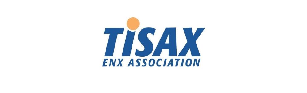 Logo of TISAX ENX Association with the word "TISAX" in bold blue letters and "ENX ASSOCIATION" below it. An orange circle appears above the letter "I" in TISAX.
